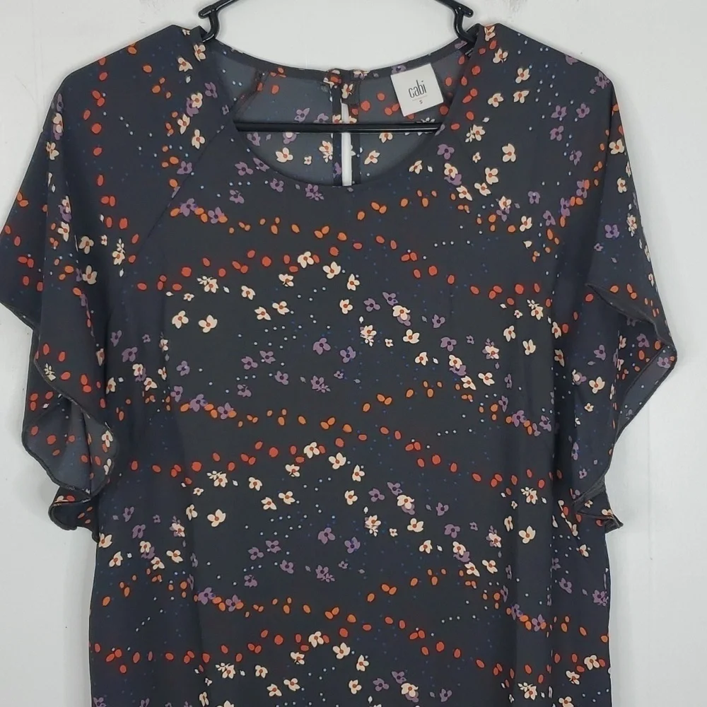 Cabi Muse Floral Dress Flutter Short Sleeve Chiffon Wide Flounce Hem Womens S